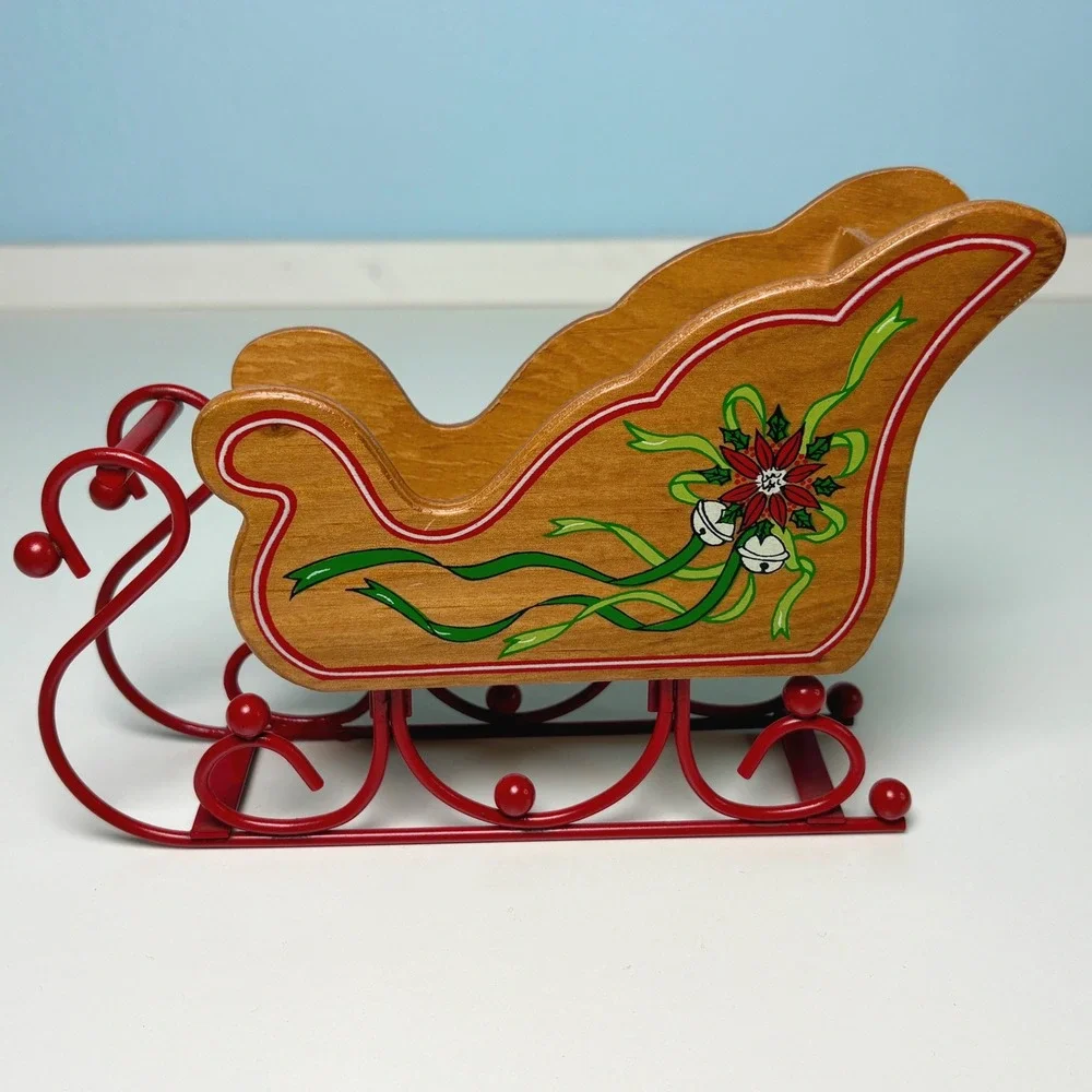 Vintage Christmas Sleigh Centerpiece Wood Metal Reindeer Sled Poinsettia Decor‎